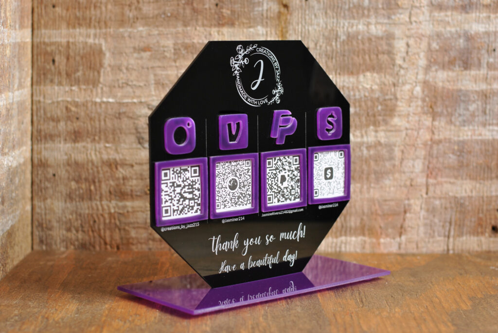 black and purple acrylic QR code sign